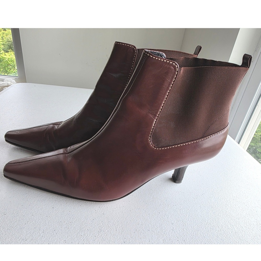 Cole Haan Mahogany Brown Leather Pointed Toe Kitten Heel Ankle Boots 11B Retro